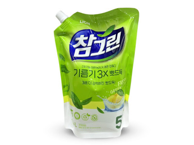 LION 참그린 기름기 뽀드득 레몬 녹차 주방세제 리필 1.2L