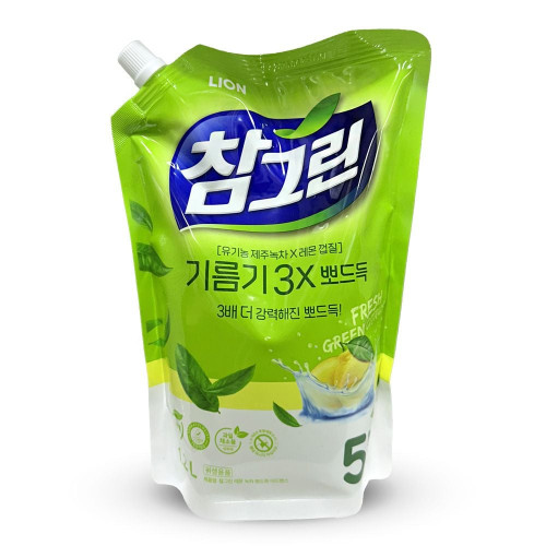 LION 참그린 기름기 뽀드득 레몬 녹차 주방세제 리필 1.2L