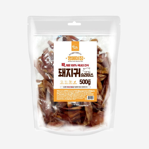 멍메이징 대용량수제 강아지간식 돼지귀슬라이스 500g